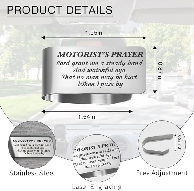 Lord Grant Me A Steady Hand and Watchful Eye Engraved Stainless Steel Car Visor Clip, Motorist's Prayer Car Accessories, Driving Protection Gifts for Dad Son Friend Driver, New Driver Gifts