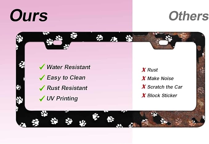 2pcs Black White Dog Paw Print License Plate Frame for Women, Pet Foot Print Car Tag Frames Girly for Vehicle with Non Adhesive Electrostatic Sticker