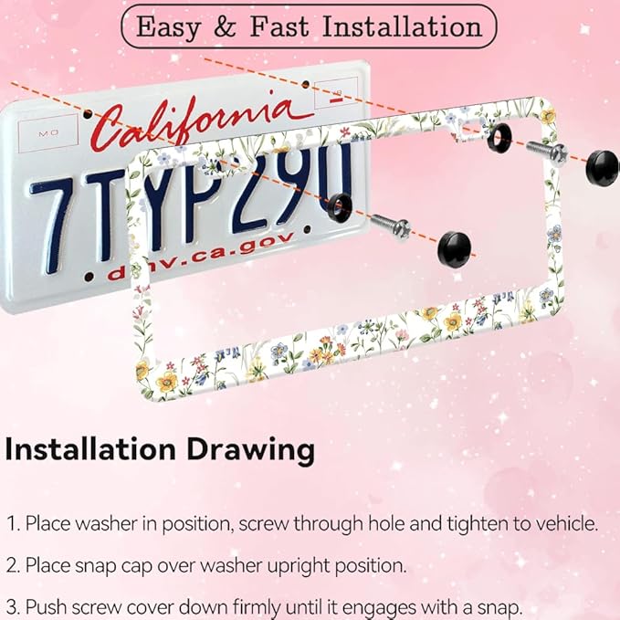 2pcs Wild Flowers Floral License Plate Frame for Women,White Nature Plant car Decorative tag Frames Girly,White Floral License Plate Cover Holder for Vehicle with Double Sided car Keychain tag
