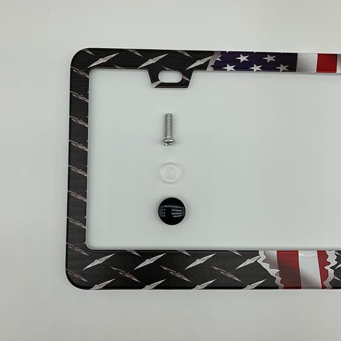 American Flag Metal Diamond Plate Texture Patriotic License Plate Frame Cover for Men/Women, Powder Coated Stainless Steel Auto Car Tag Frame with 2 Holes & Free Screws