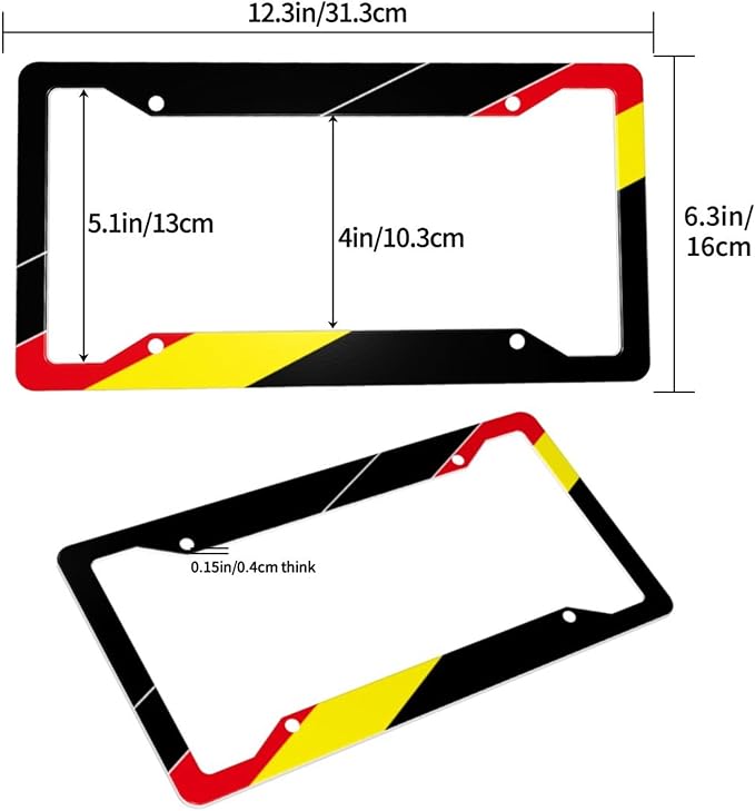 German License Plate Frame - 1 Pcs Germany Flag Aluminum Metal License Plate Frame Personalized German Car Tag Frames Holders Covers Design Fits for Men Women Generic 4 Holes Equipped with Screws