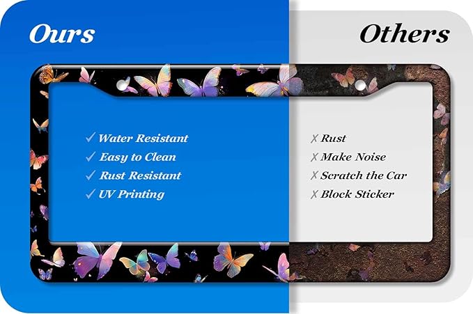 2PCS Beautiful Butterfly Pattern License Plate Frames for Men Women - Universal Aluminum Stainless Steel Personalized Car Tag Covers Holder with Screws, Caps, Rattle Proof Pads and Handlebar Stickers