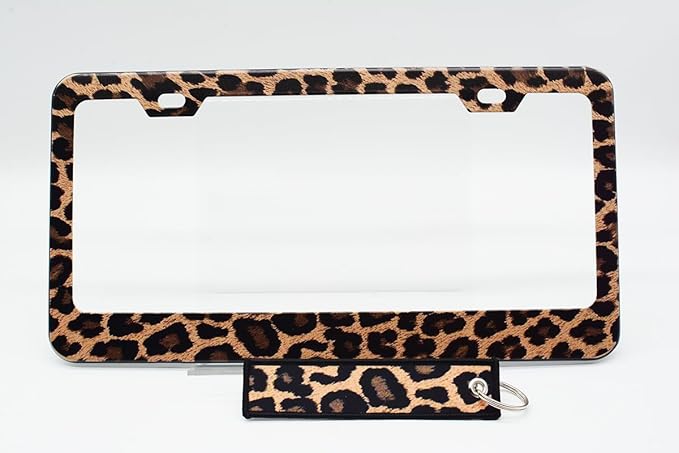 2pcs Brown Cheetah Leopard Print License Plate Frame for Women, Cheetah Leopard Brown car Decorative tag Frames Girly Animal License Plate Cover Holder for Vehicle with car Keychain tag