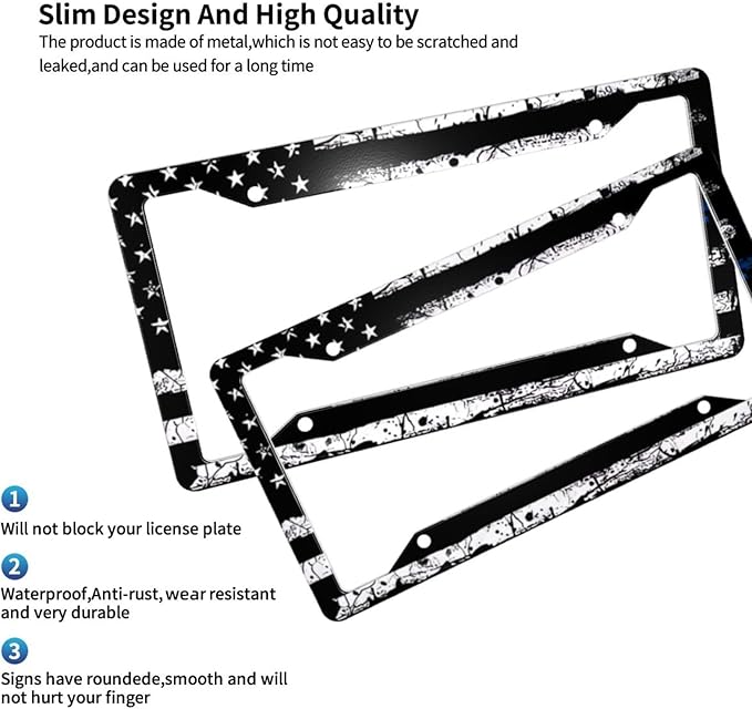 License Plate Frame 2 Pack Front Rear Aluminum Metal Rust-Proof Universal Car Tag Frames Holder with 4 Holes Car Decor Accessory with Screws for Men Women - Vintage Blue Line American Flag