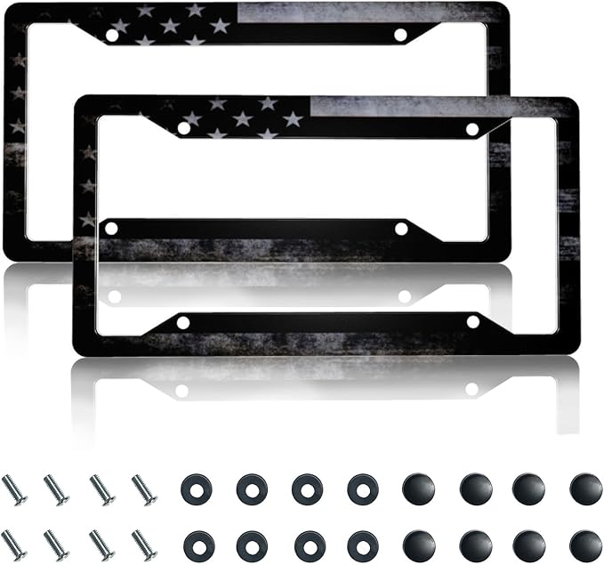 License Plate Frame 2 Pack Front Rear Aluminum Metal Rust-Proof Universal Car Tag Frames Holder with 4 Holes Car Decor Accessory with Screws for Men Women - Vintage Black American Flag