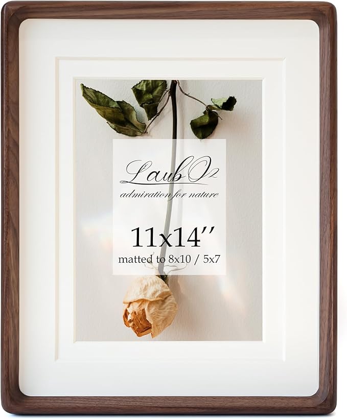 11x14 Wooden Picture Frame with Double Mat - Natural American Black Walnut Wood Photo Frame Matted to 8x10 & 5x7 | Tabletop & Wall | Brown