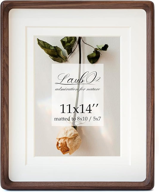 11x14 Wooden Picture Frame with Double Mat - Natural American Black Walnut Wood Photo Frame Matted to 8x10 & 5x7 | Tabletop & Wall | Brown