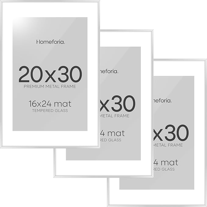 Homeforia Poster Frame Silver 20x30, High End Metal 20 x 30 Picture Frame with Mat 16 x 24 for Photo, 20x30 Silver Frames Matted to 16x24 Print, 30x20 Hanging Frame, Tempered Glass, Wall Kit, Set of 3