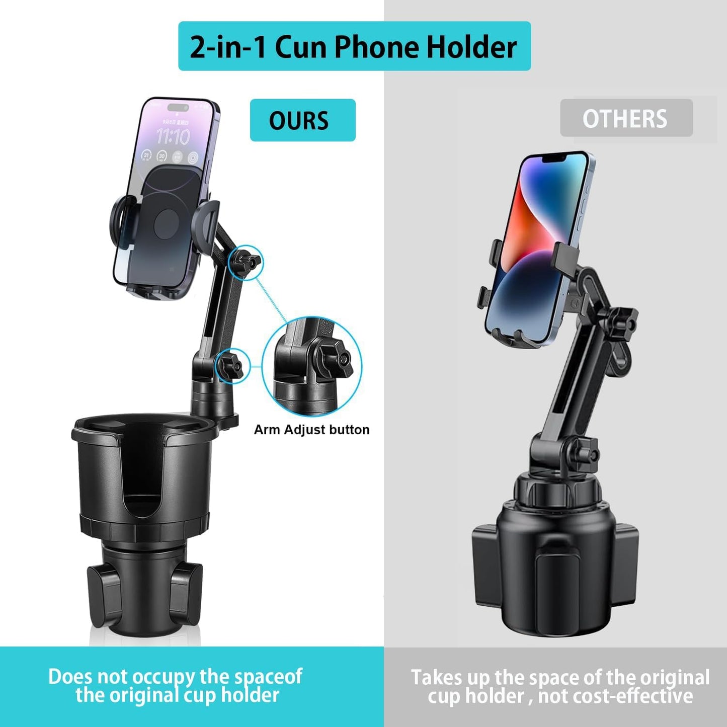 Cup Holder Phone Mount for Car, Upgraded 2 in 1 Car Cup Holder Expander Long Arm with 360° Rotation, Car Phone Holder Compatible with iPhone, Samsung & All Smartphones