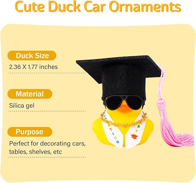 wonuu Graduation Stole Rubber Ducks, Dashboard Decorations Duck for Car Ornament Accessories with Hat Sunglasses Sash Chain (Pink)
