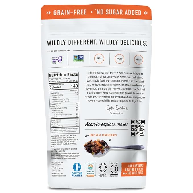 Wildway Keto Granola | Peach Pecan | Grain-Free, Certified Gluten-Free Cereal | Vegan, Low Carb | No Sugar Added | Paleo-Friendly | Non-GMO Fruit & Nut Clusters | Nutrient-Rich Snack | 8 oz, 3 Pack