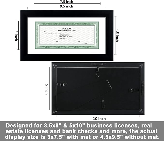 CORE ART 5x10 Business License Frame in Black, Professional Bank Check Frame 3.5x8 with Mat, High Definition Plexiglass, Wall or Tabletop Display