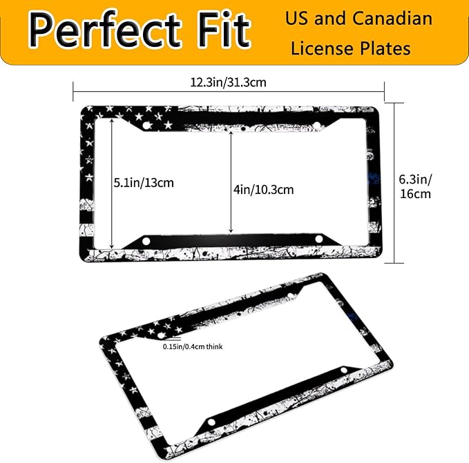 License Plate Frame 2 Pack Front Rear Aluminum Metal Rust-Proof Universal Car Tag Frames Holder with 4 Holes Car Decor Accessory with Screws for Men Women - Vintage Blue Line American Flag