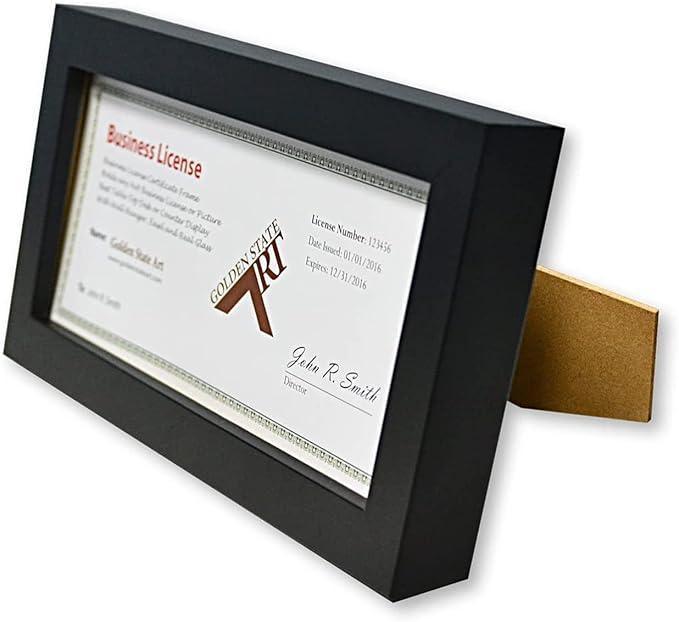 Golden State Art, Wood Frame for 4x9 Business License Certificate with Real Glass & Table-top Display, Black