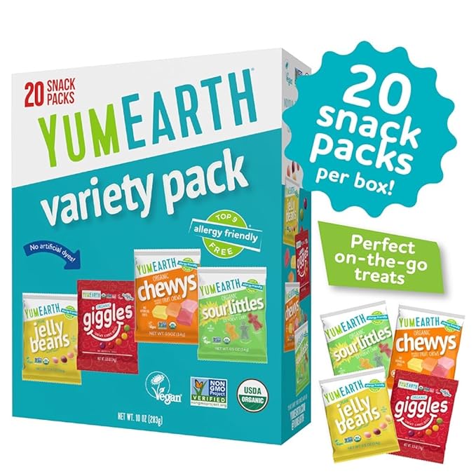 YumEarth Organic Variety Box - Jelly Beans, Giggles, Chewys, Sour Littles - Allergy Friendly (Top 9 Free), No Artificial Dyes or Flavors, Non GMO, Gluten Free, Vegan -Individually Wrapped (Pack of 20)