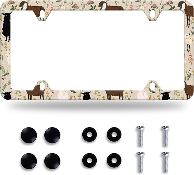 Sheep and Flowers License Plate Frame Farm Animal License Plate Stainless Steel Auto Parts Colorful License Plate Decorative with Screws Size 12.3" x 6.3" Men Women