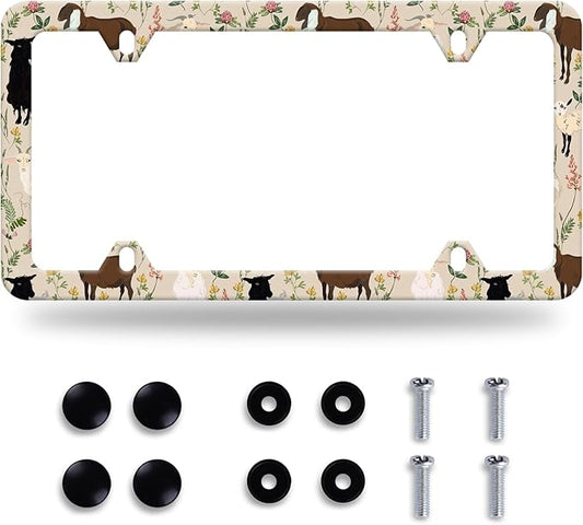 Sheep and Flowers License Plate Frame Farm Animal License Plate Stainless Steel Auto Parts Colorful License Plate Decorative with Screws Size 12.3" x 6.3" Men Women