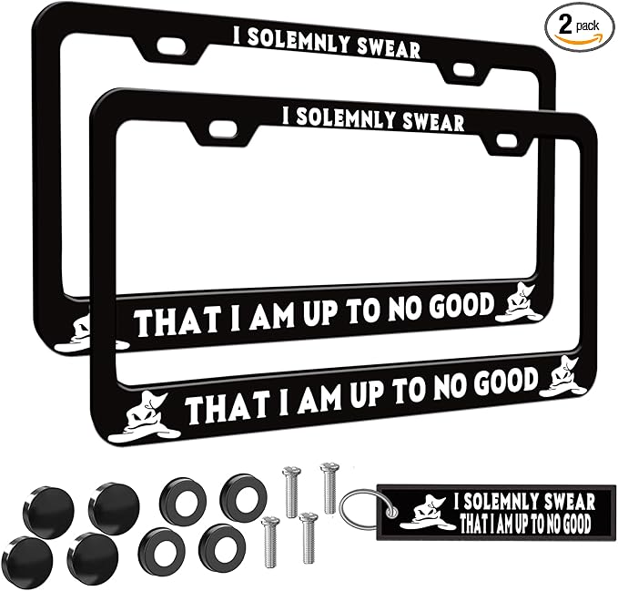 2pcs I Solemnly Swear That I Am Up to No Good License Plate Frame for Women, Funny car Decorative tag Frames Girly, License Plate Cover Holder for Vehicle with Double Sided car Keychain tag