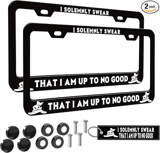 2pcs I Solemnly Swear That I Am Up to No Good License Plate Frame for Women, Funny car Decorative tag Frames Girly, License Plate Cover Holder for Vehicle with Double Sided car Keychain tag