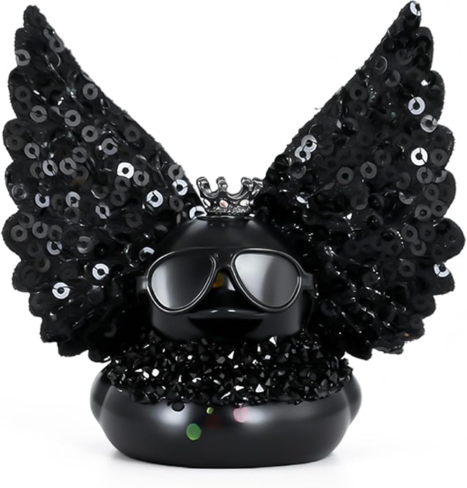Black Rubber Duck with Crown, Wings & Sunglasses, Squeaky Car Dashboard Ornament, DIY Decor for Party Favors, Office Desk, Home