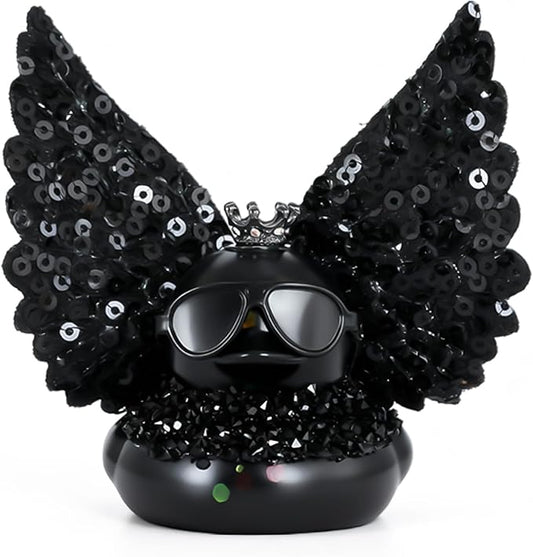Black Rubber Duck with Crown, Wings & Sunglasses, Squeaky Car Dashboard Ornament, DIY Decor for Party Favors, Office Desk, Home