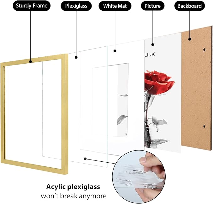 KINLINK A4 Frame Set of 4, Wooden 8.3 x 11.7 Frame with Plexiglass for A5 Picture with Mat or A4 Without Mat, for Wall and Tabletop Display Diploma Certificate Degree, a4 Picture Frames Gold