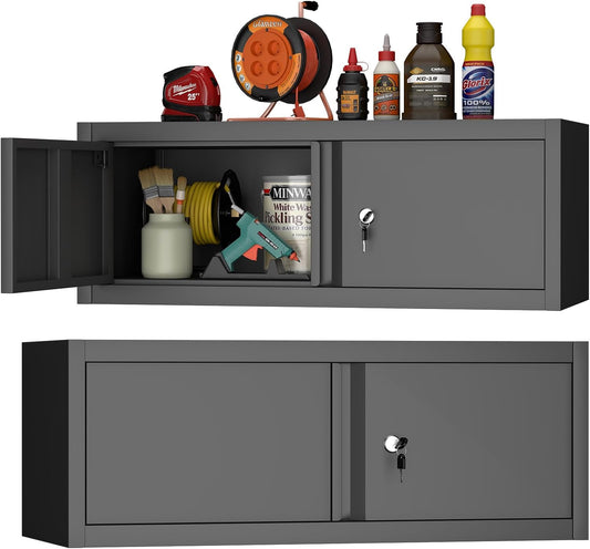 GREATMEET Metal Locking Garage Storage Cabinets, Lockable Storage Cabinet with Doors, 12.8" Metal Wall Cabinet, Wall Mount Hanging Floating Cabinet with Lock for RV, Warehouse Living Room