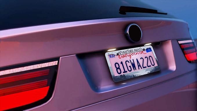 2PCS Adventure Awaits Pattern License Plate Frames for Men Women - Universal Aluminum Stainless Steel Personalized Car Tag Covers Holder with Screws, Caps, Rattle Proof Pads and Handlebar Stickers