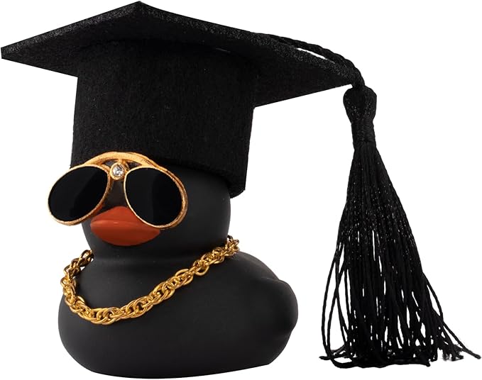 wonuu Car Dashboard Decor Graduation Hat Color Rubber Duck, Car Ducks Ornaments with Mini Graduation Hat Necklace Sunglasses (Black)