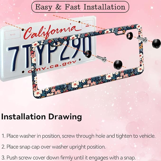 2pcs Cute Folk Floral License Plate Frame for Women, Colorful Flowers car Decorative tag Frames Girly,Beautiful Floral License Plate Cover Holder for Vehicle with Double Sided car Keychain tag