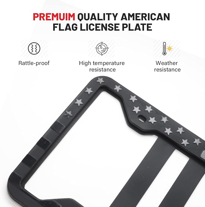 RED WOLF Silicone License Plate Frame American Flag Auto Tag, Subdued 3D Stars and Stripes USA Flag Front Rear License Plate Bracket Holder, Black Rattle Proof w/Mounting Accessories