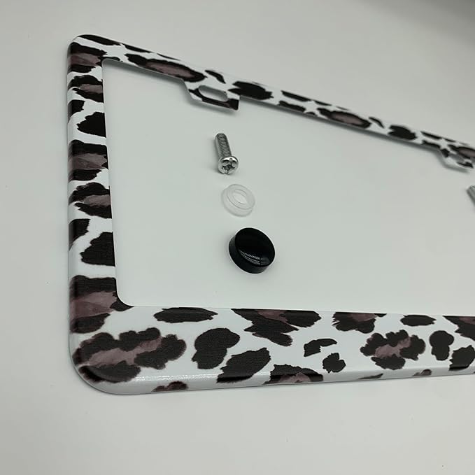 Watercolor Snow Leopard Pattern License Plate Frame Cover, Matte White Powder Coated Stainless Steel, Animal Print Auto Car Tag Frame with 2 Holes & Free Screws