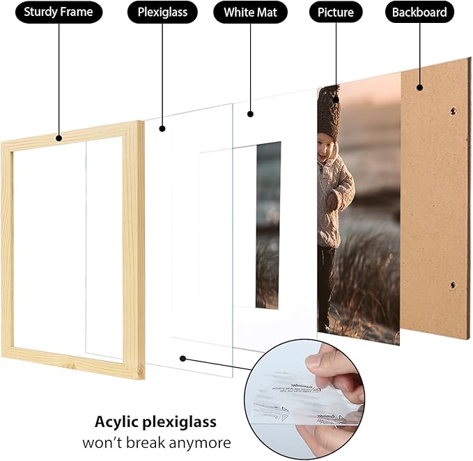 KINLINK A3 Picture Frame Wood Grain Set of 4, Wooden Photo Frames Matted A4 with Plexiglass for A4 with Mat or A3 without Mat for Wall Display