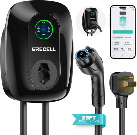 GRECELL Level 2 EV Wall Charger, ETL Certified 48A 11KW 240V J1772 Charger Bluetooth & WiFi Enabled, Electric Car Fast Wall Charging Station, Electric Car Charger with 25FT Cable and NEMA 14-50 Plug
