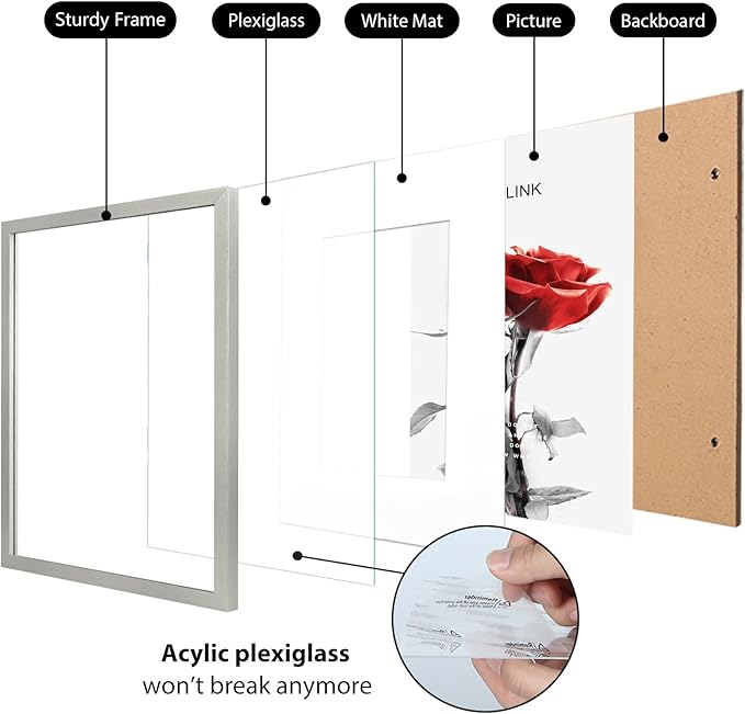 KINLINK 12x16 Picture Frame Silver, Wooden 16x12 Photo Frames with Plexiglass for 11x14 Picture with Mat or 12x16 Without Mat, Perfect for Art Wall and Tabletop Display 12 x 16 frame Set of 4