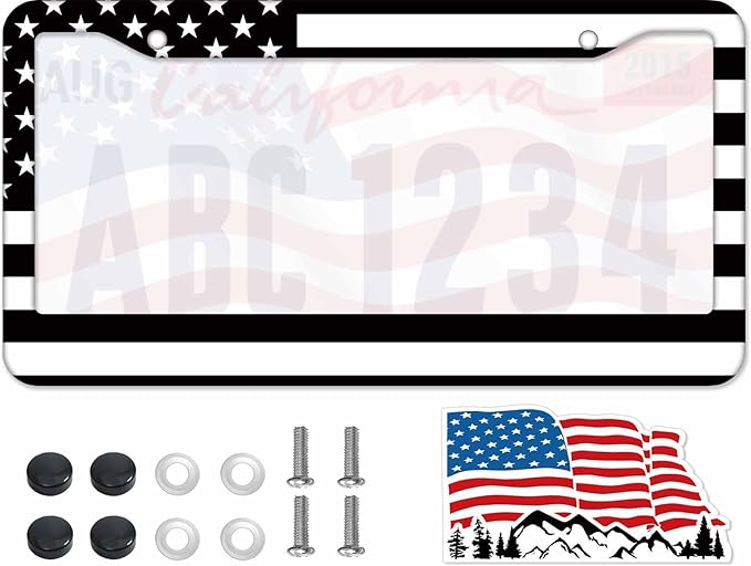 1PCS Black American Flag License Plate Frame Holder - USA Stars and Stripes Auto Universal Aluminum Matte Car Tag Holder Covers with Sticker & Screws for Men
