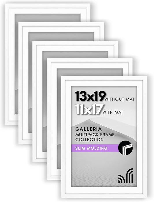 Americanflat 13x19 Picture Frame with Polished Plexiglass - Set of 5 - Use as 11x17 Frame with Mat or Display 13x19 Photo Without Mat - Galleria Collection - Picture Frames for Wall Display - White