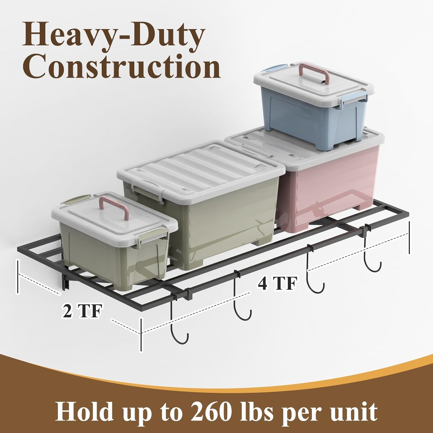 PEKGRIL Garage Wall Shelving Set of 2, 2X4 ft, Black, Contemporary Style, Heavy Duty, 2 Shelves, 8 Hooks, 260 lbs Capacity Each, Wall-Mounted, Metal, Alloy Steel, 2 Count