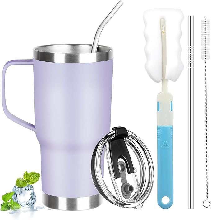 20 oz Tumbler with Handle, Stainless Steel Insulated Tumbler with Lid and Straw, Double Wall Vacuum Insulated Coffee Mug Tumbler, Insulated Coffee Thermal Cup for Cold and Hot (Light Purple)