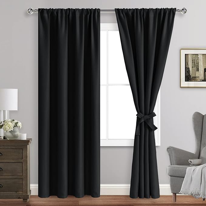 JIUZHEN Blackout Curtains for Bedroom - Thermal Insulated Room Darkening Rod Pocket Curtains for Living Room, Set of 2 Panels with Tiebacks, 38 x 84 Inch Length, Black
