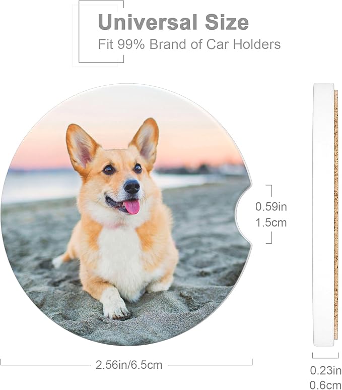 Car Cup Holder Coaster, Car Coasters for Cup Holders, 2 Pack Universal Anti Slip Insert Absorbent Ceramic Auto Interior Accessories with A Finger Notch & Cork Base, Cute Dog