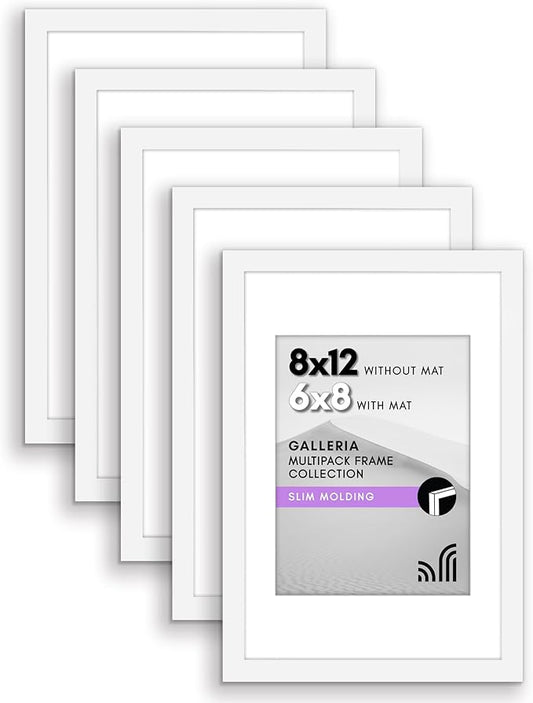 Americanflat 8x12 Picture Frame with Polished Plexiglass - Set of 5 - Use as 6x8 Frame with Mat or Display 8x12 Photo Without Mat - Galleria Collection - Picture Frames for Wall Display - White