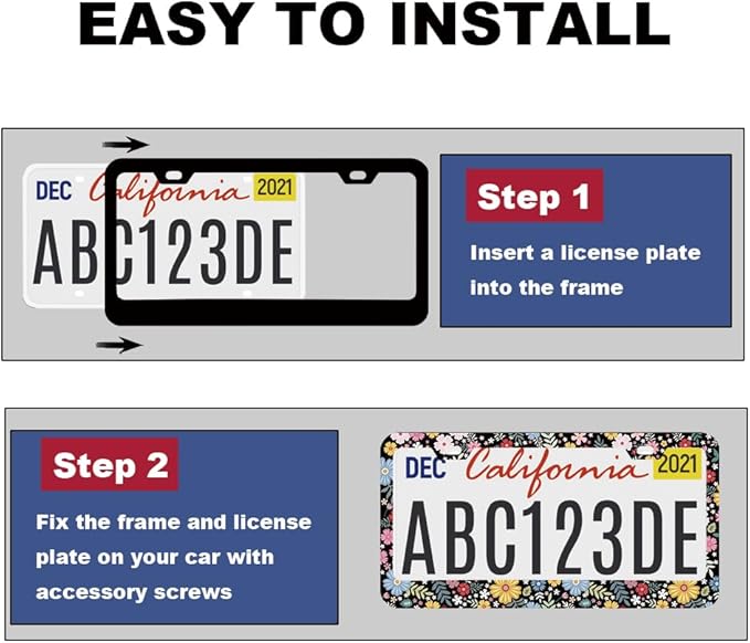 2pcs Hippie Flowers Floral License Plate Frame for Women,Yellow Black Plant Theme Floral car Decorative tag Frames Girly,Nature Flowers Floral License Plate Cover Holder for Vehicle with tag Keychain