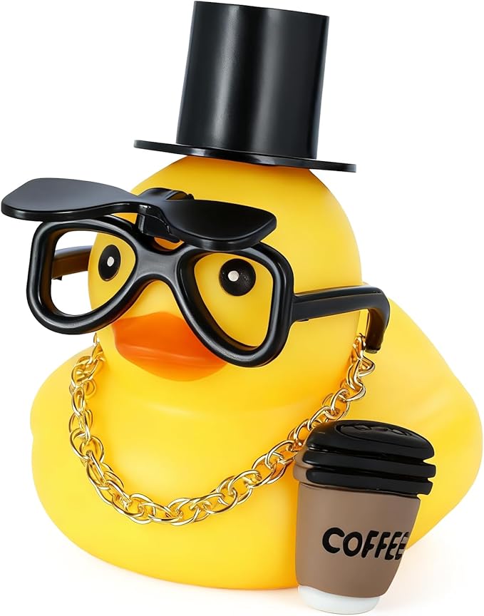 BOZILY Funny Rubber Duck with Mini hat, Gold Necklace, Folding Glasses, Coffee Cup - Rubber Duck Car Ornaments & Home Decor - Multi-Use Dashboard Duck Gift for Adults, Car Lovers