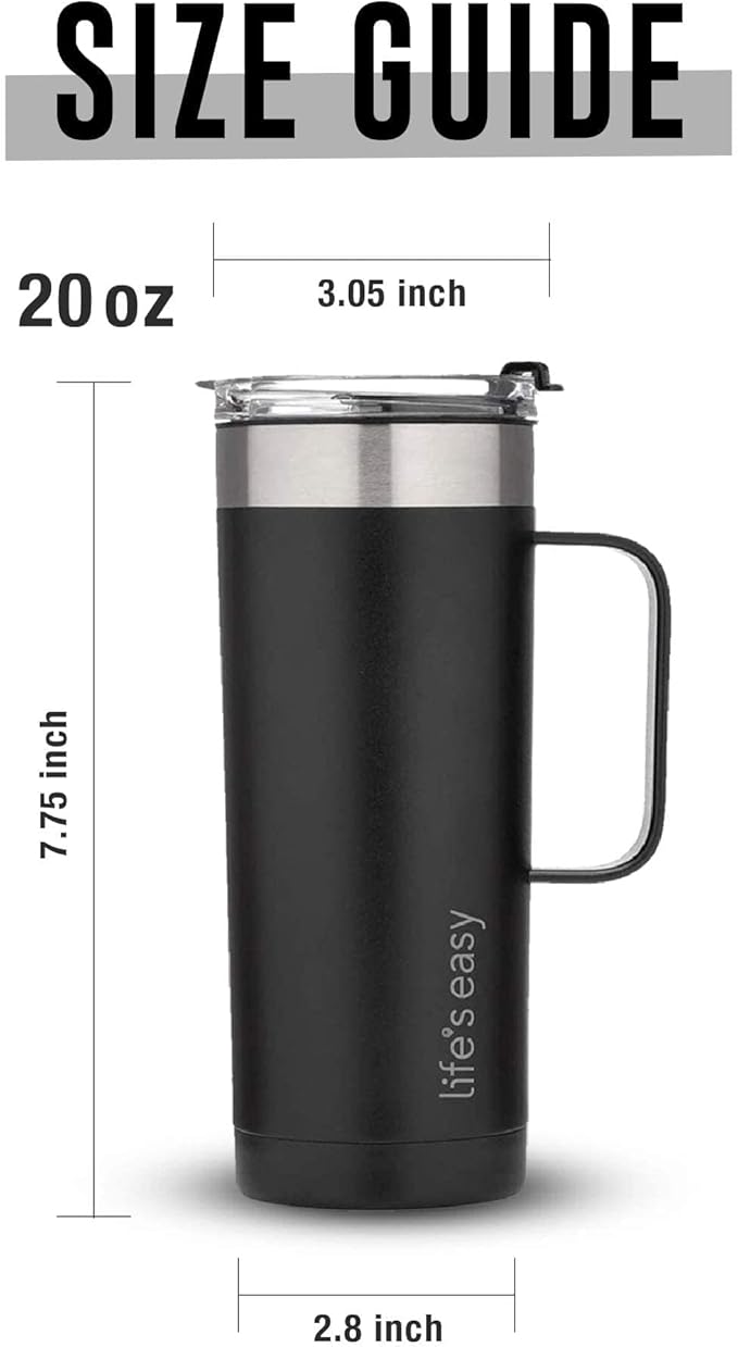 Life's Easy 20oz Stainless Steel Mug w/Handle - Double Wall Insulated Travel Tumbler w/Flip Lid - Leak Proof Tumbler-Thermal Cup for Coffee, Tea & More - Keep Hot & Cold Drinks (Black, 20 oz)