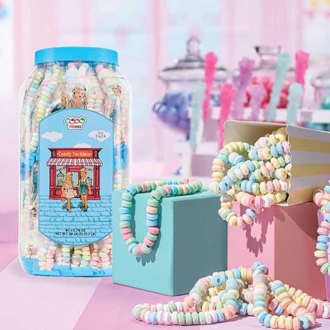 80 Candy Necklaces Individually Wrapped, Choker Style, Nostalgic Pastel Candy Jewelry Perfect for Party Favors, Pinata Fillers and Goodie Bags, Packed in a Convenient Display Tub, By 4YoreElves