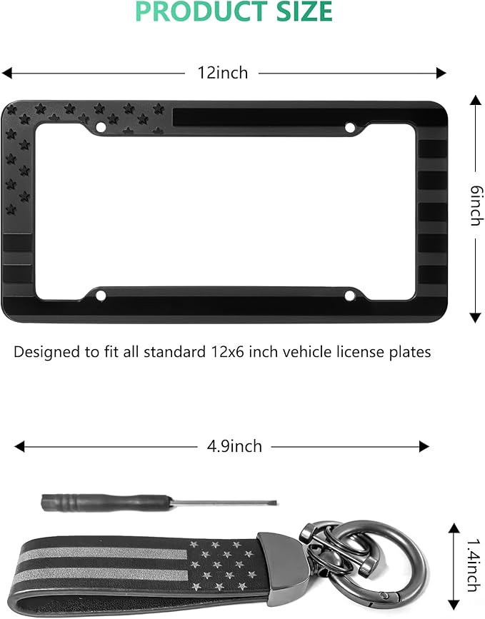 American Flag License Plate Frame 2 Pack - Patriotic USA 3D Embossed Stars and Stripes Design, Black Plastic Car Tag Holder with Keychain & Screws