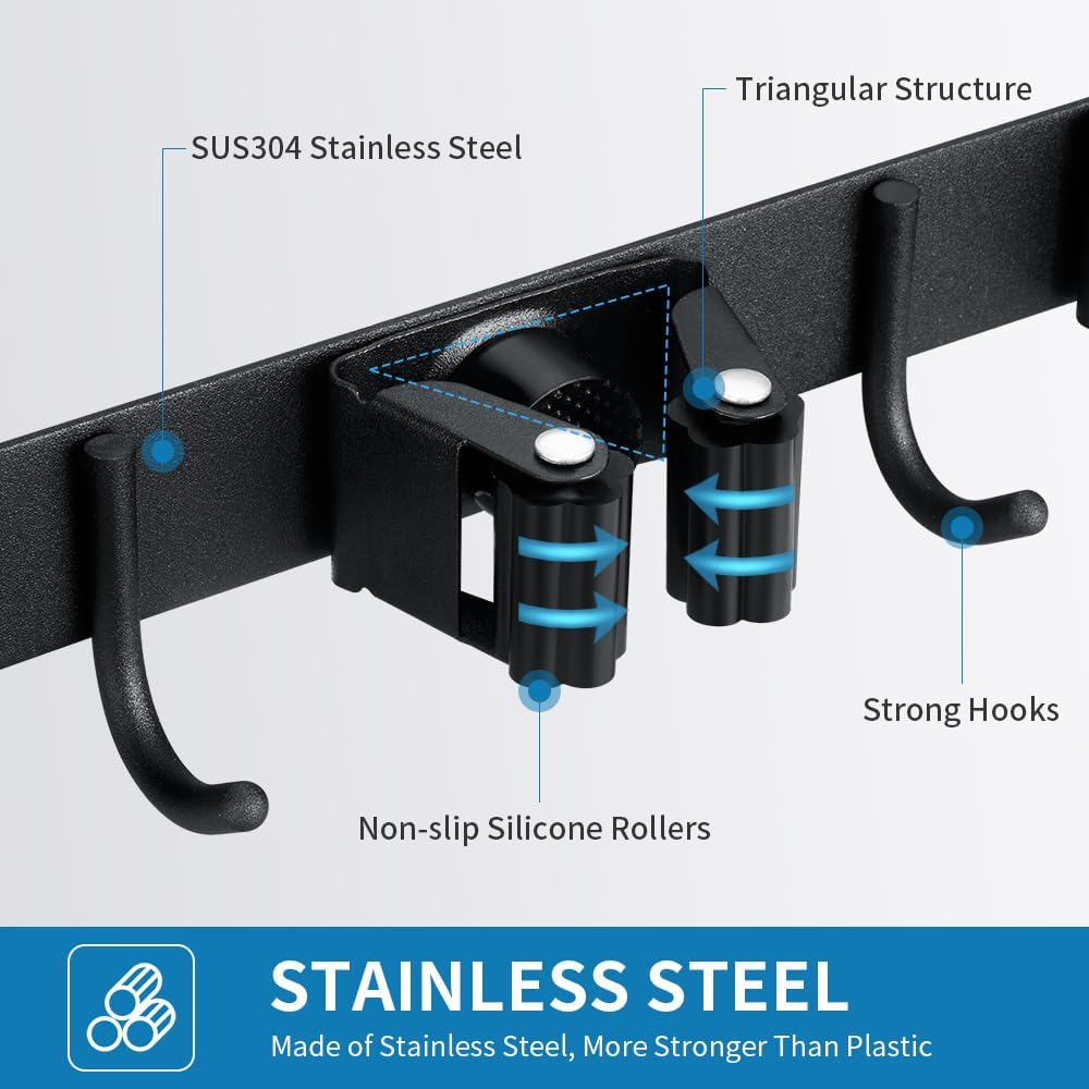 Broom Hanger and Mop Holder, Heavy Duty Garden Tool Organizer Rack Rake and Shovel Handle, Stainless Steel Wall Mounted Utility Rack with Screws (4 Racks with 5 Hooks, Matte Black).