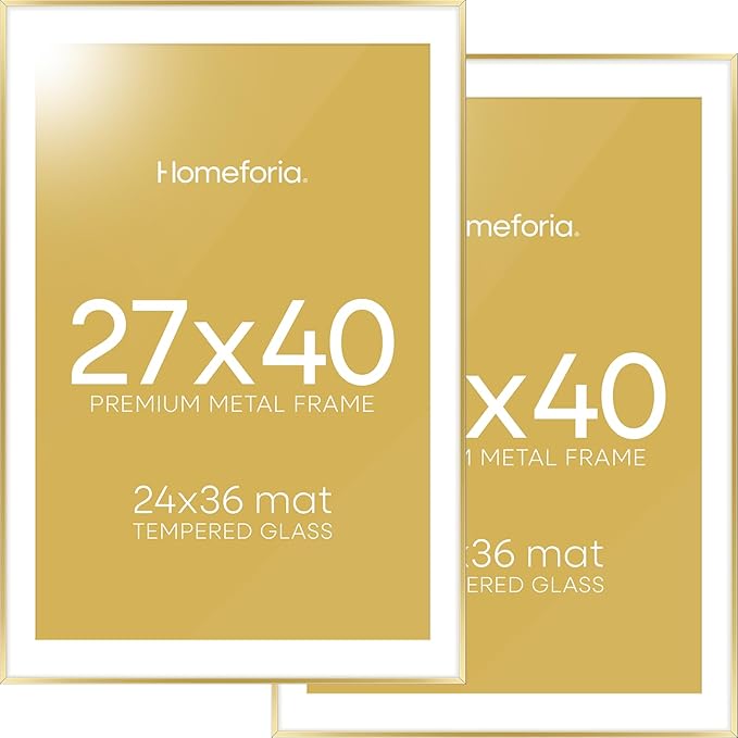 Homeforia 27x40 Picture Frame Gold, High End Metal 27 x 40 Large Poster Frames with Mat 24 by 36 inch Photo, 27x40 Gold Frame Matted to 24x36 for Print, 40x27 Frame, Tempered Glass, Wall Kit, Set of 2
