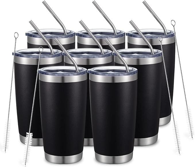 COMOOO 20oz/8Pack Black Tumbler Double Wall Vacuum Insulated Coffee Travel Mug Stainless Steel Tumbler with Lid and Straw Coffee Cup for Cold Drinks & Hot Beverage, Home and Outdoor (Black, 8 Pack)